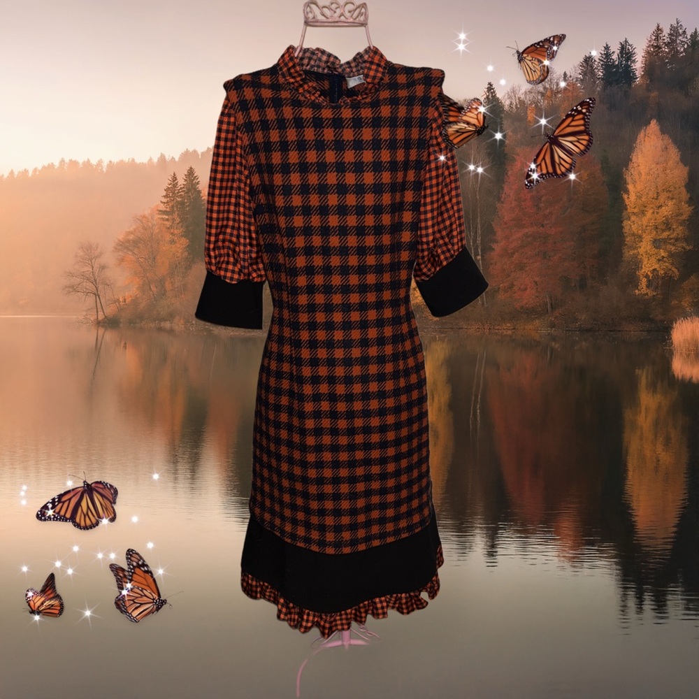 👀‼️Sea Orange and Black Checkered Long Sleeve Dress - Picture 3 of 5